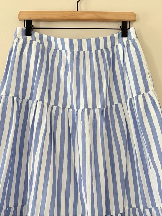 J Crew Factory Tiered midi skirt Sail Blue Stripe Pull on Cotton Preppy Size M - Picture 4 of 13